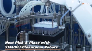 Nest-Pick-Place-with-Staubli-Cleanroom-Robots-Robotic-Pre-Filled-Syringe-Packaging-Line