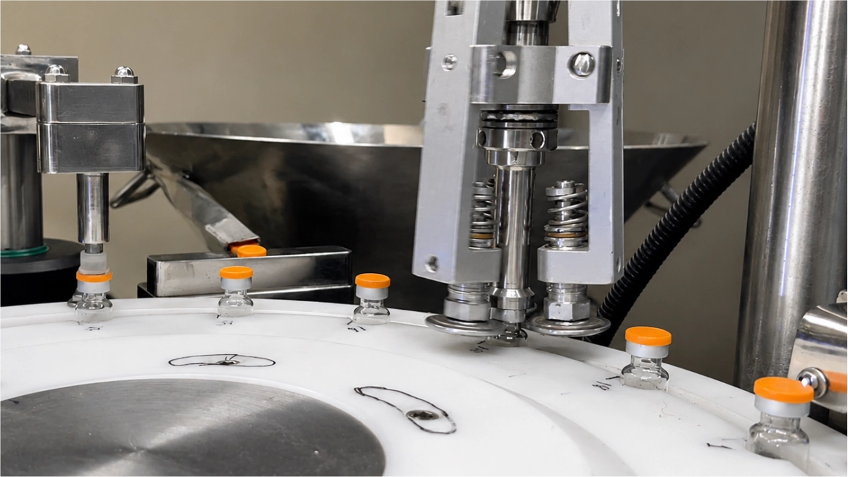 Close-up of the aluminium cap sealing mechanism ensuring a hermetic closure for injectable vials