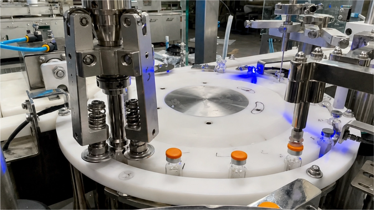Automated rubber stoppering and aluminum cap sealing station inside the SteriShield machine